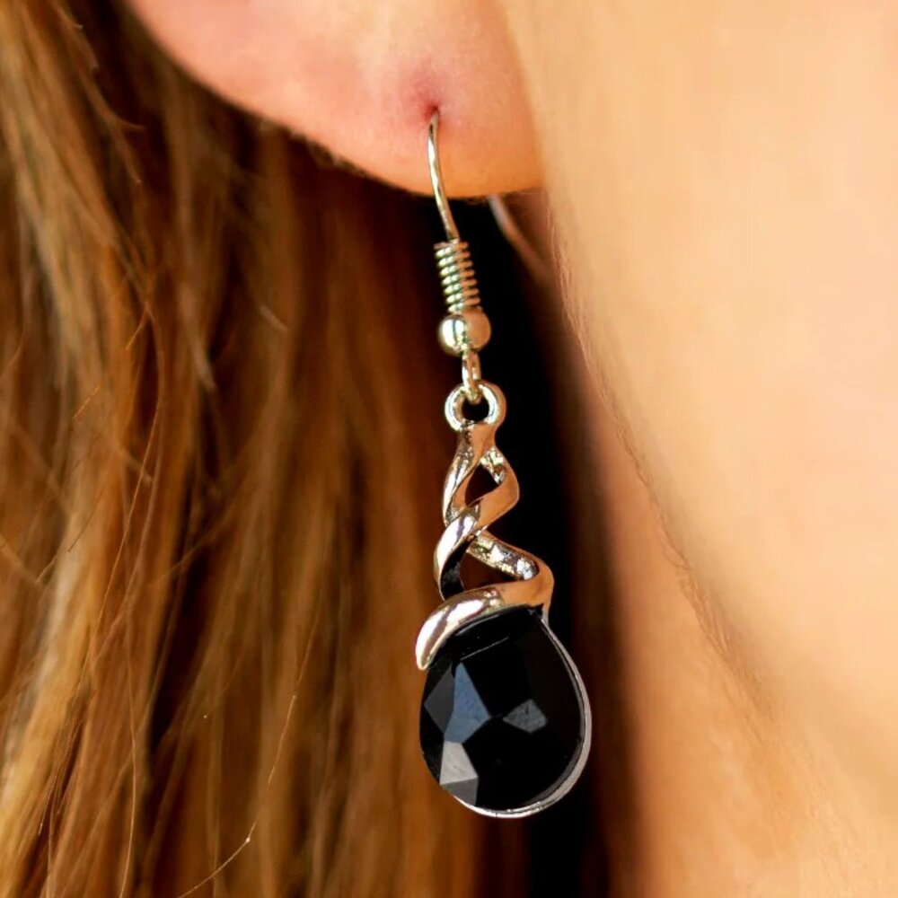 Black Teardrop Gem Earrings | Silver Wire Frame | Elegant Dangle - Picture 2 of 4